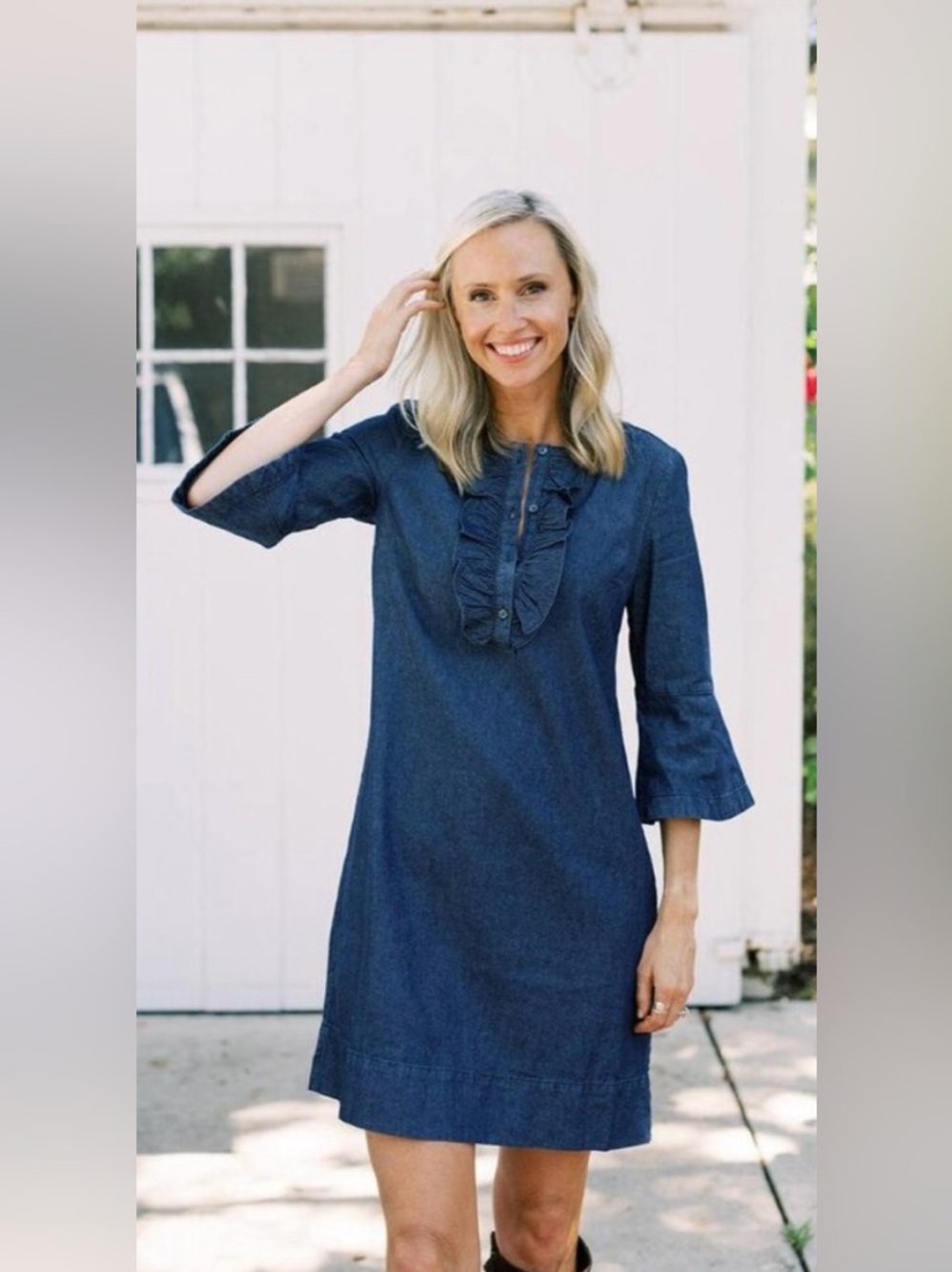 Draper James Indigo Ruffle-Placket Mini Dress